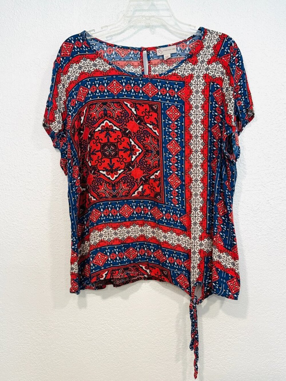 CB Tunic Top Tied Hem Cap Sleeves Red Blue White Keyhole Buttoned Back Womens 1X